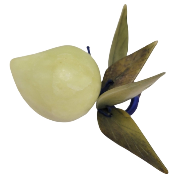 Jade Pear With Forest Green Leaves And Blue Silk Stem  Carved Fruit Decor - Picture 9 of 12